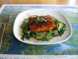Sauteed mizuna greens with BBQ tofu